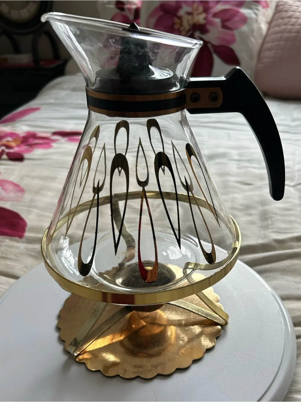 Vintage David Douglas 8-cup glass carafe with candleflame warmer